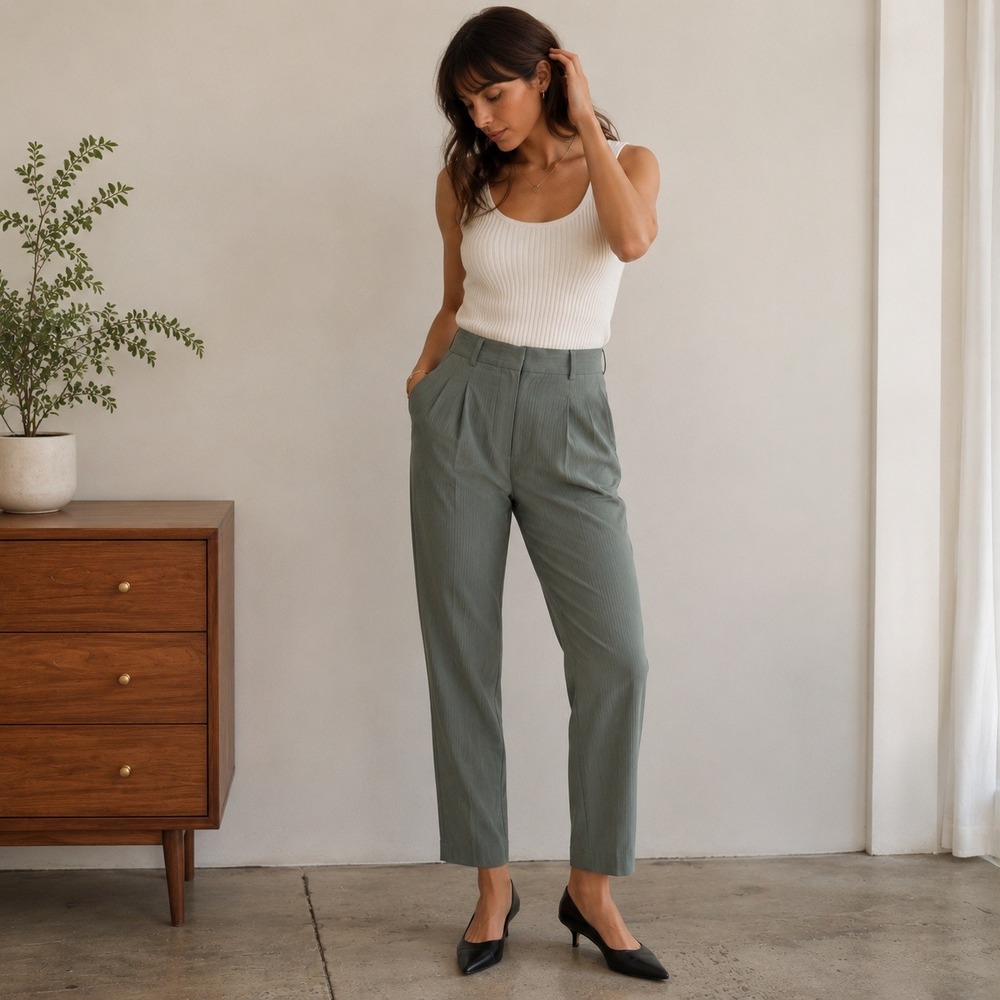 FRNCH Paris Minimalist Pleated Trousers M Olive Quiet Luxury Straight Leg